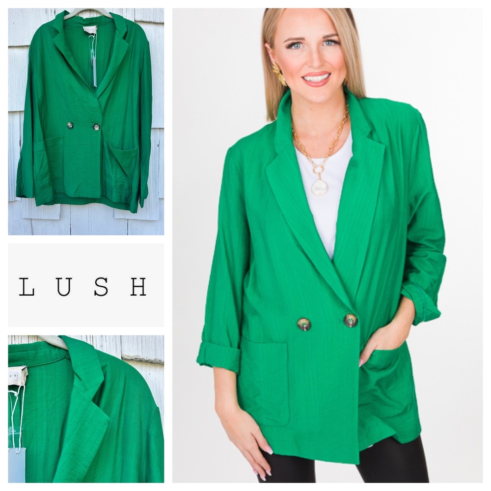 NWT Lush Women Green Double Breasted Blazer Jacket Size S Cotton Nylon Blend